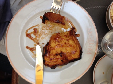 Brioche soaked in egg with caramel sauce...also known as french toast?